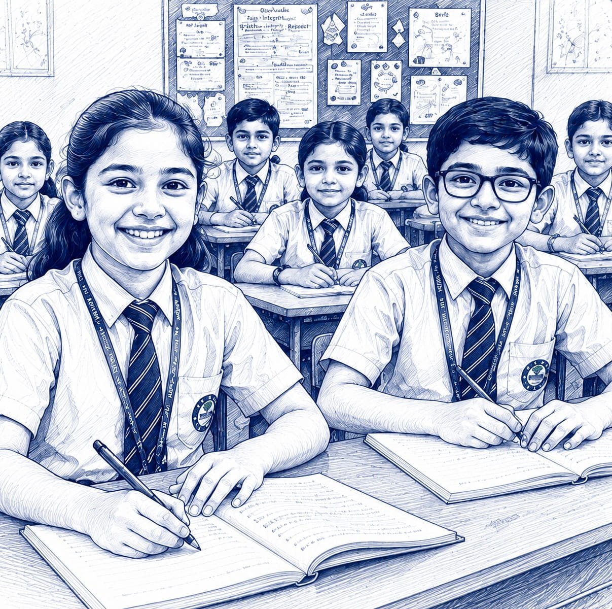 Primary wing students writing in their notebooks in class