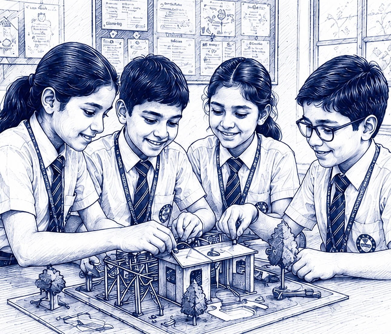 Primary wing students collaborating on a hands-on project model