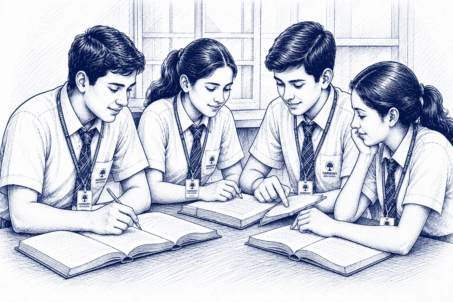 Secondary wing students collaborating with a laptop and books in the library