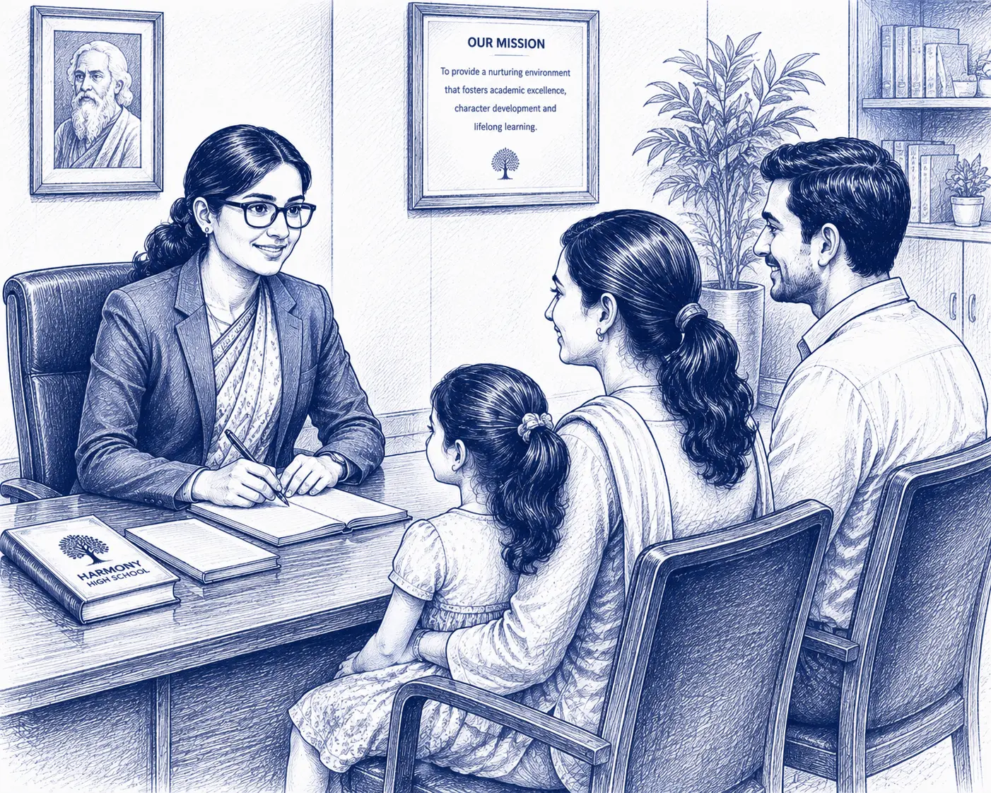 Teacher speaking with a parent and student during admission process