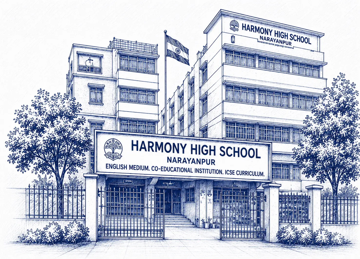 Harmony High School, Narayanpur school building and main gate