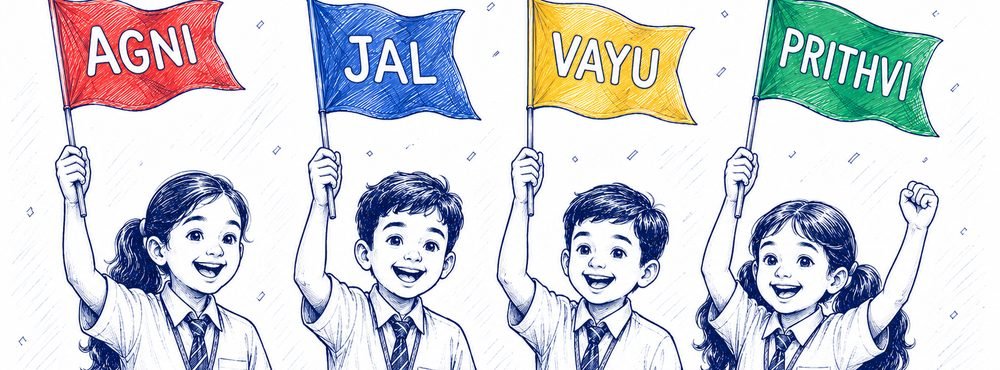 Students holding four house flags: Agni, Jal, Vayu and Prithvi