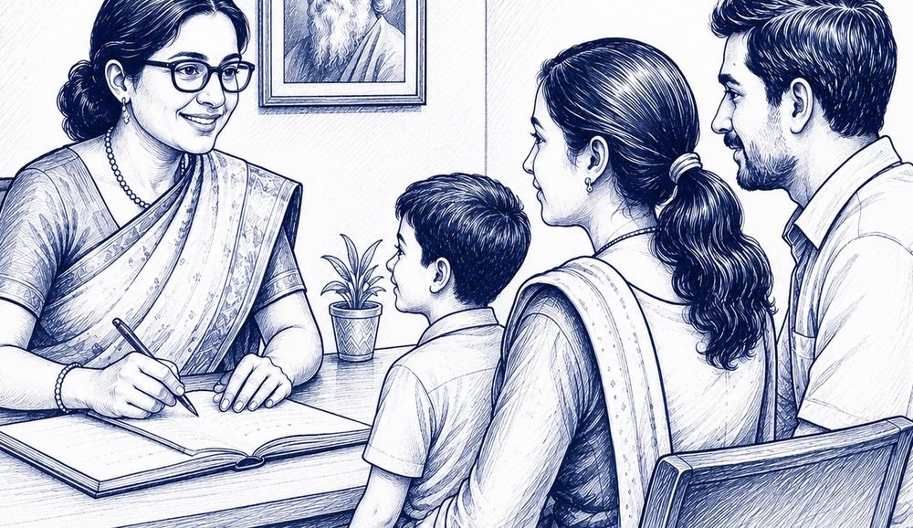 Teacher discussing student progress with parents during a parent-teacher meeting